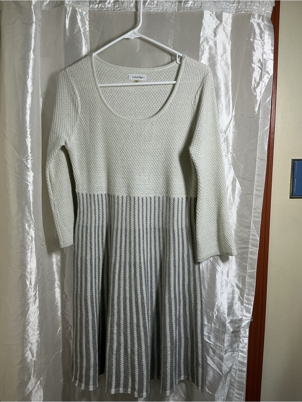 Calvin Klein Cream and Gray Knit Fit-and-Flare Midi Dress